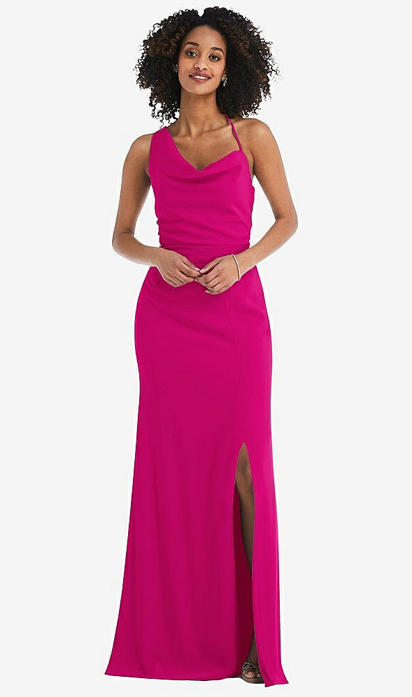 Front View - Think Pink One-Shoulder Draped Cowl-Neck Maxi Dress