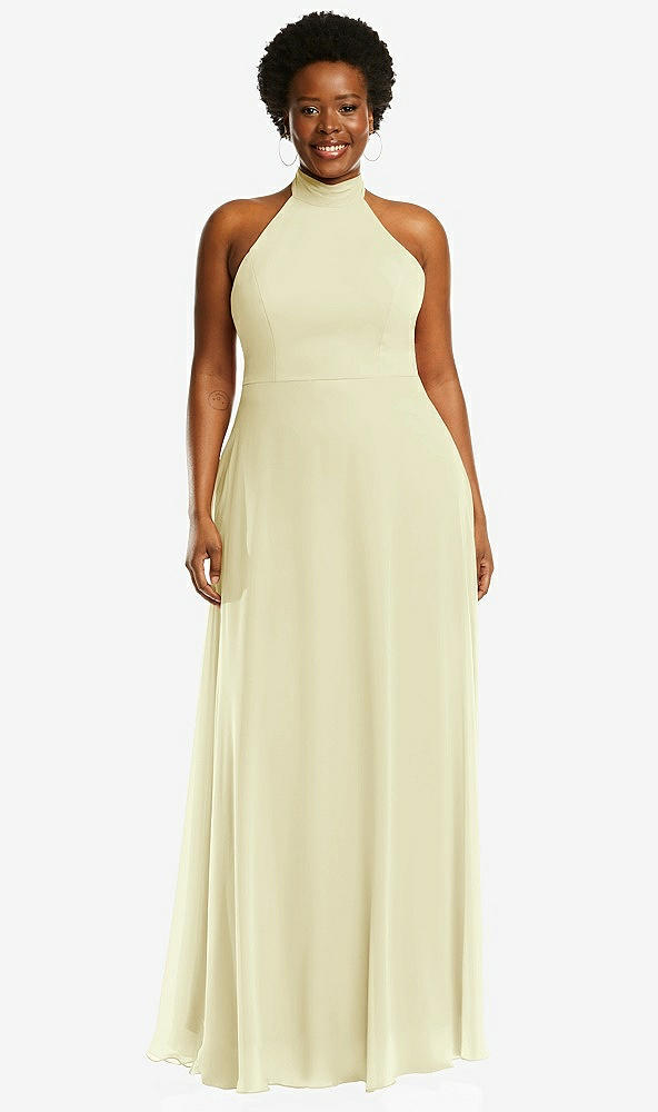 Front View - Butter Yellow High Neck Halter Backless Maxi Dress