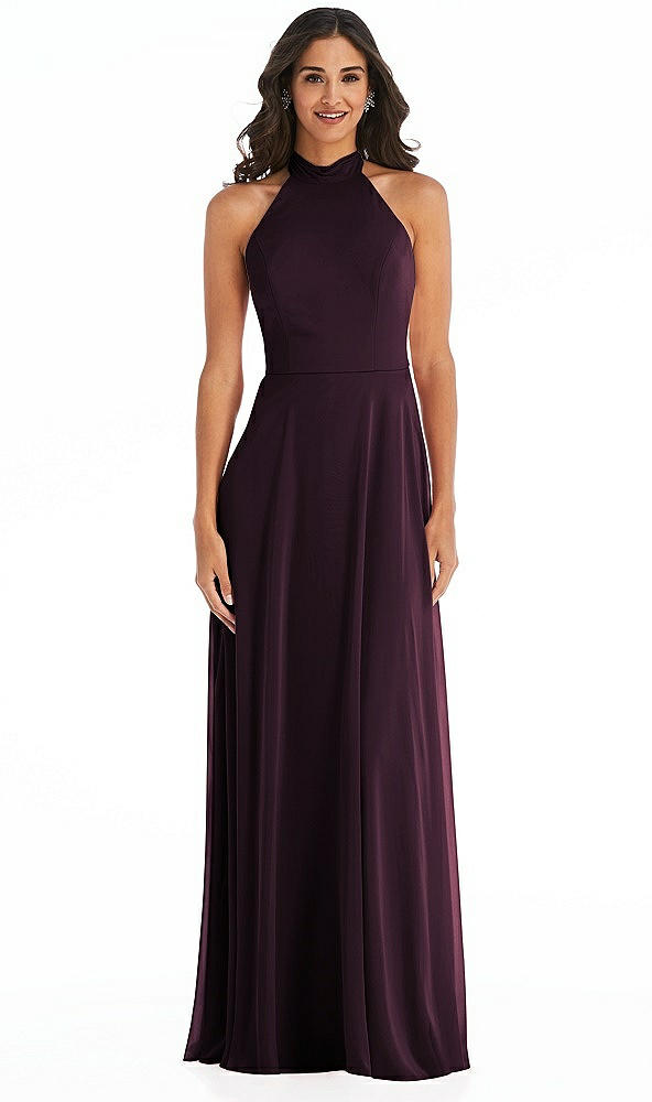 Front View - Deep Plum High Neck Halter Backless Maxi Dress
