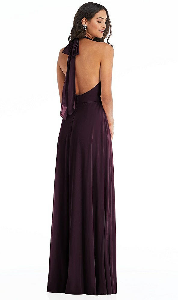 Back View - Deep Plum High Neck Halter Backless Maxi Dress