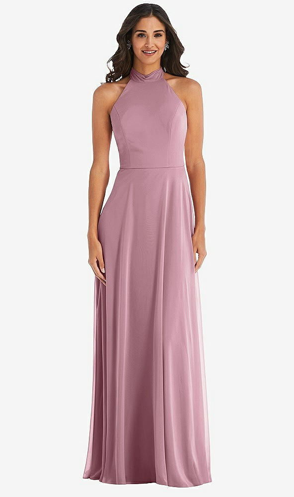 Front View - Dusty Pink High Neck Halter Backless Maxi Dress