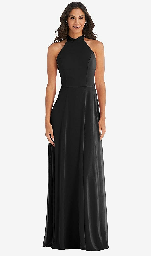 Front View - Black High Neck Halter Backless Maxi Dress