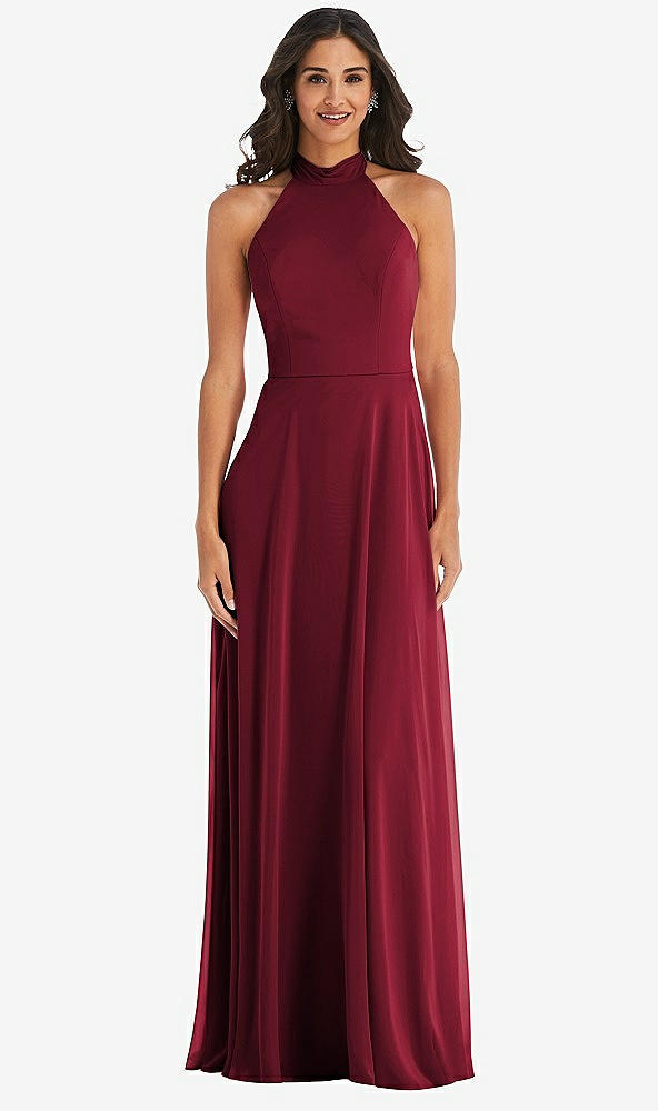Front View - Burgundy High Neck Halter Backless Maxi Dress