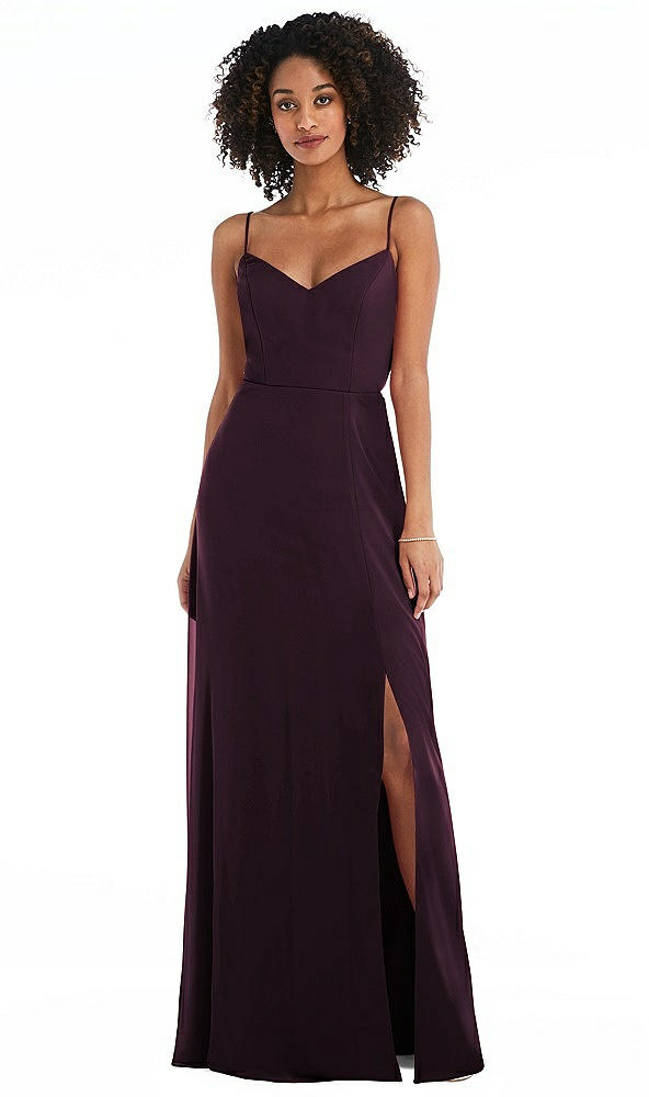 Front View - Deep Plum Tie-Back Cutout Maxi Dress with Front Slit