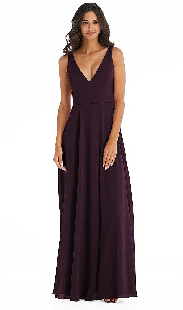 Front View - Deep Plum Deep V-Neck Chiffon Maxi Dress