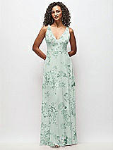 Front View Thumbnail - Mint Green Floral Deep V-Neck Chiffon Maxi Dress