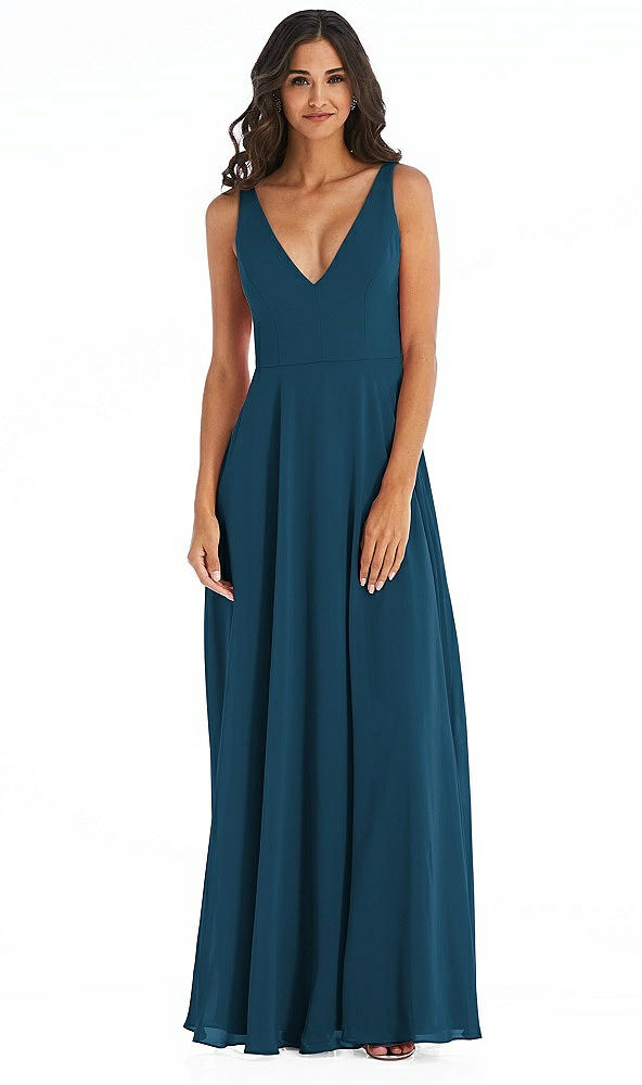 Front View - Atlantic Blue Deep V-Neck Chiffon Maxi Dress
