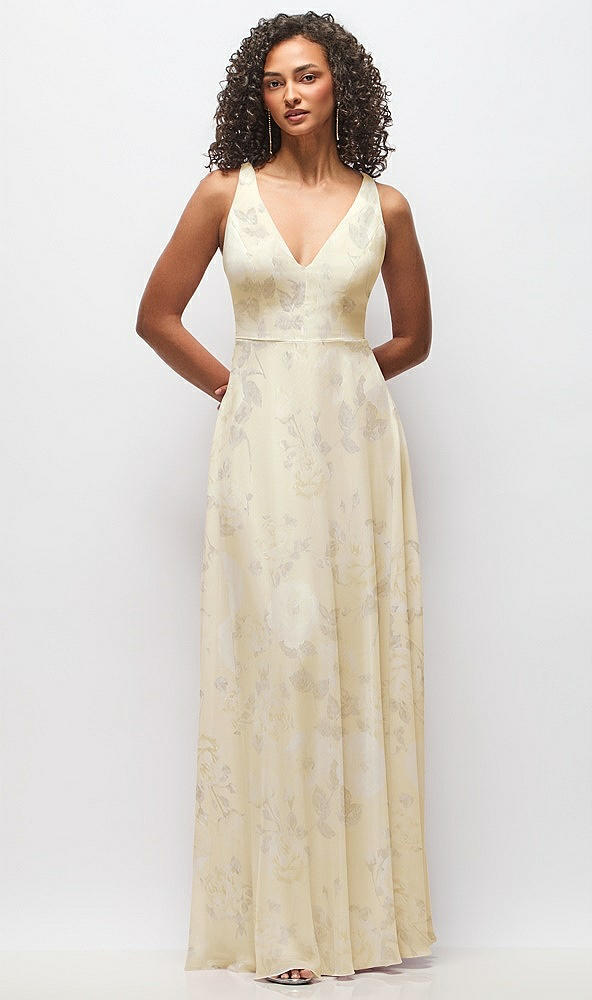 Front View - Butter Yellow Floral Deep V-Neck Chiffon Maxi Dress