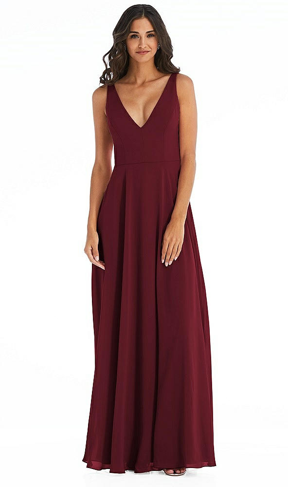 Front View - Cabernet Deep V-Neck Chiffon Maxi Dress