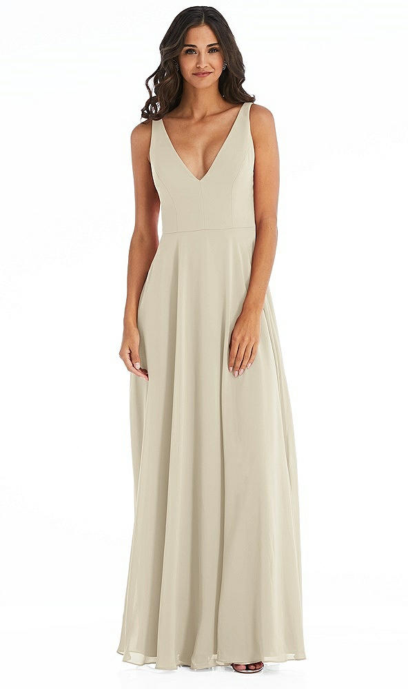 Front View - Champagne Deep V-Neck Chiffon Maxi Dress