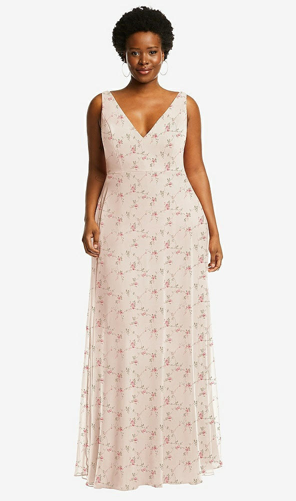 Front View - Coquette Floral Print Deep V-Neck Chiffon Maxi Dress