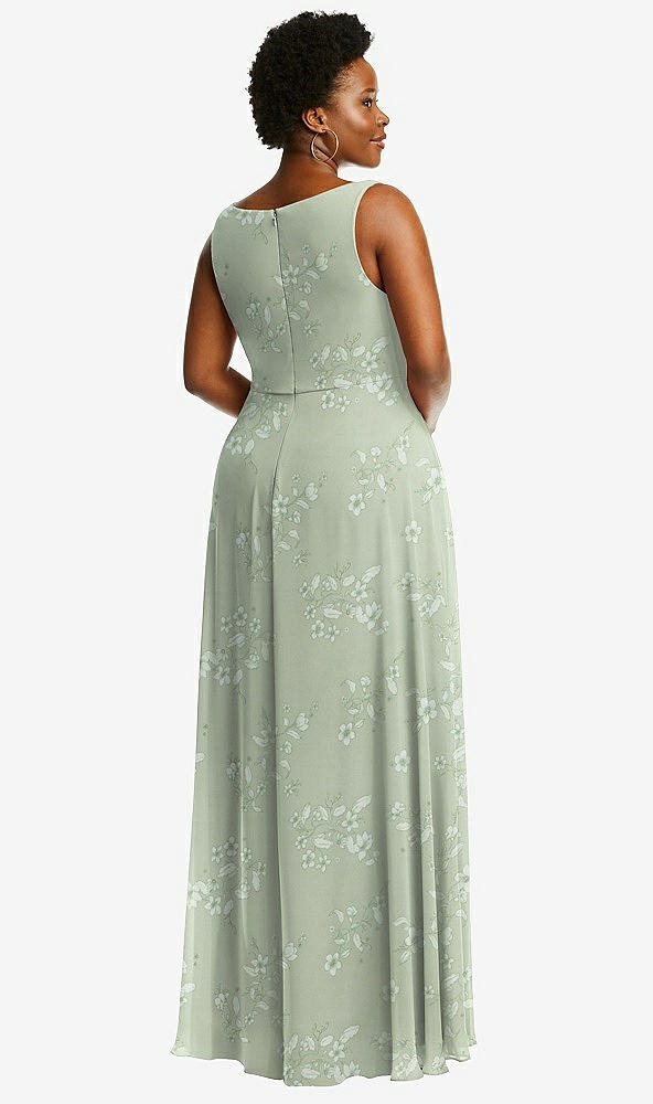 Back View - Vintage Primrose Sage Deep V-Neck Chiffon Maxi Dress