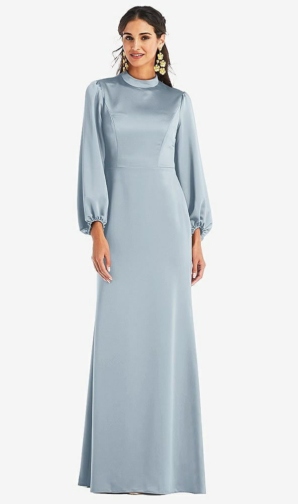 Front View - Mist High Collar Puff Sleeve Trumpet Gown - Darby