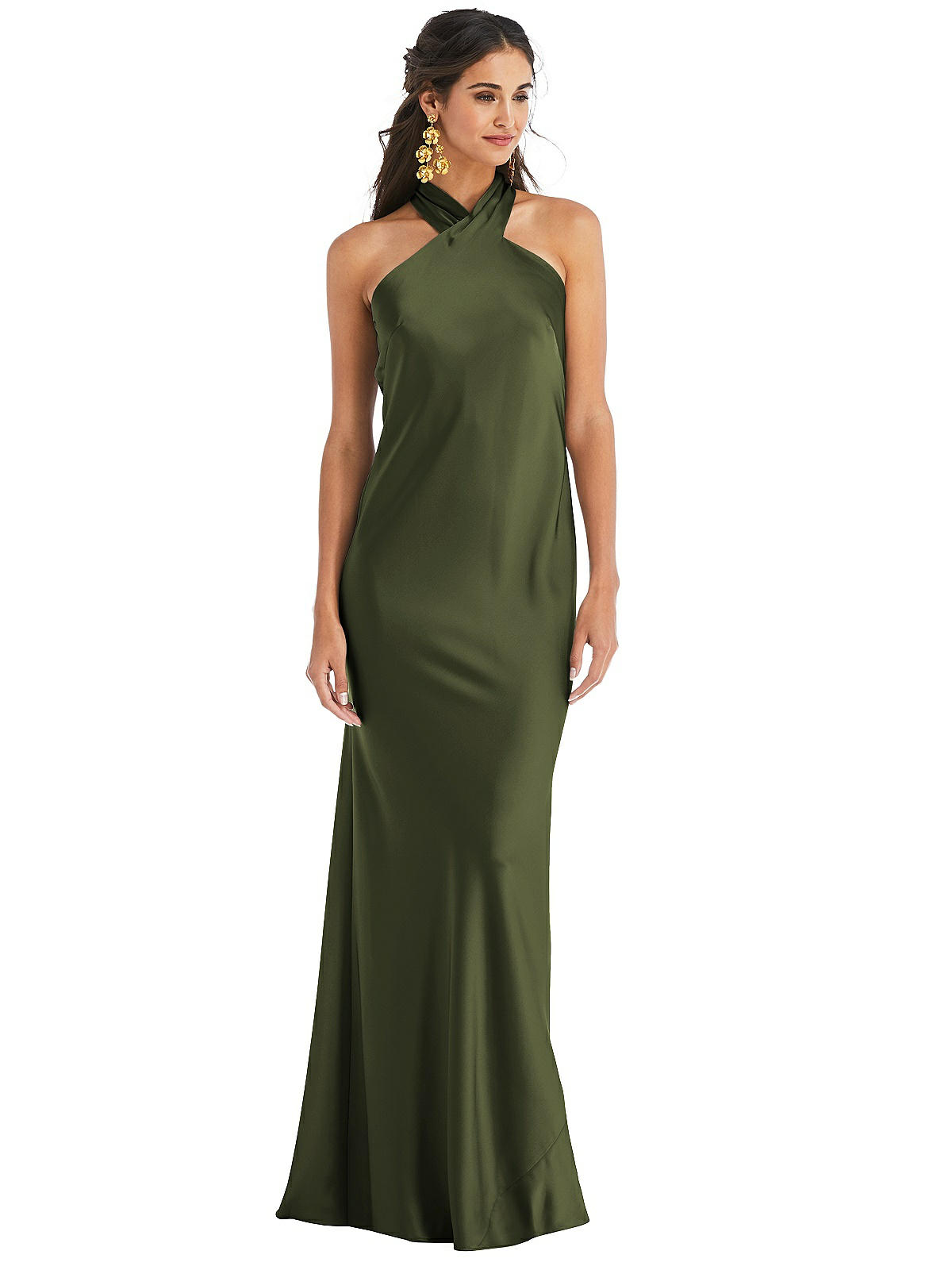 Draped Twist Halter Tie-back Trumpet Bridesmaid Dress In Olive