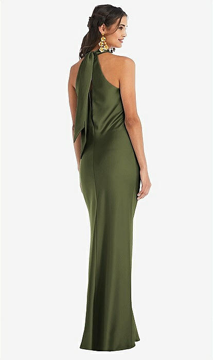 Draped Twist Halter Tie-back Trumpet Bridesmaid Dress In Olive