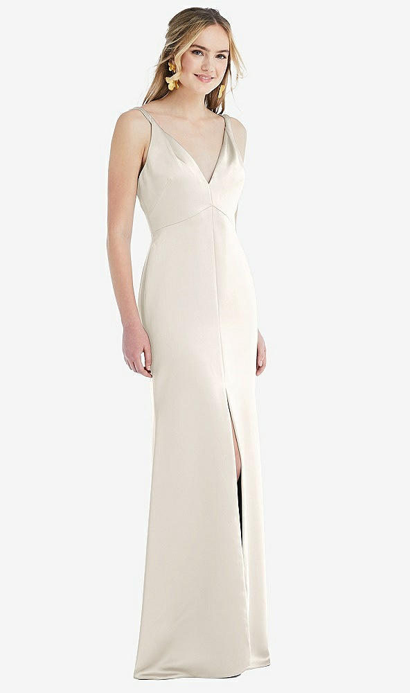 Front View - Ivory Twist Strap Maxi Slip Dress with Front Slit - Neve