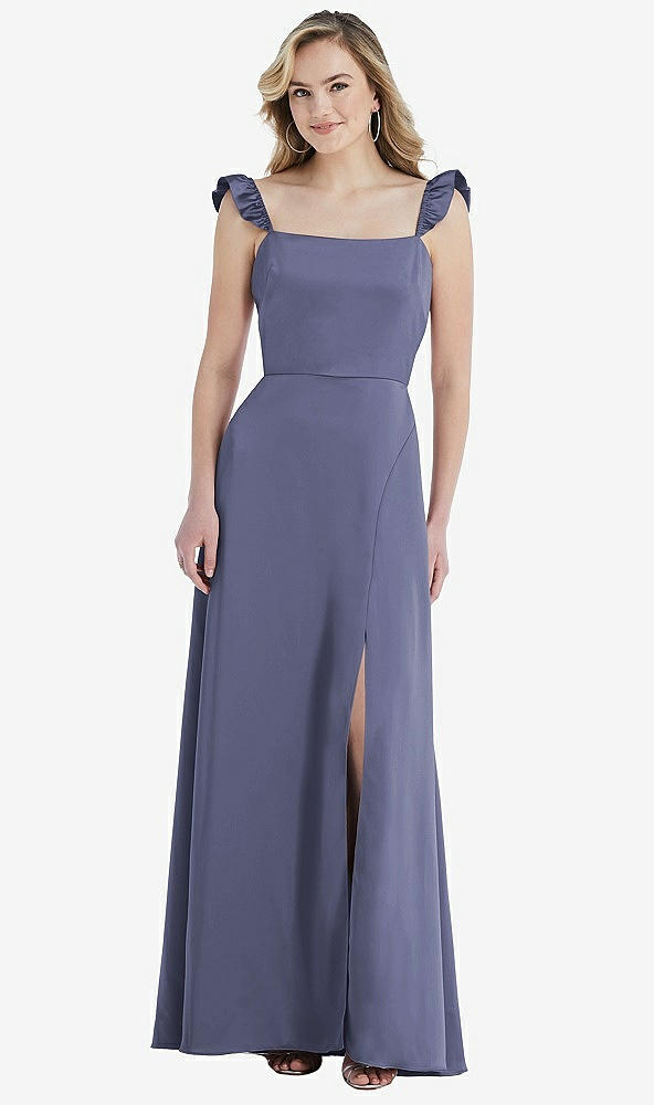 Front View - French Blue Ruffled Sleeve Tie-Back Maxi Dress