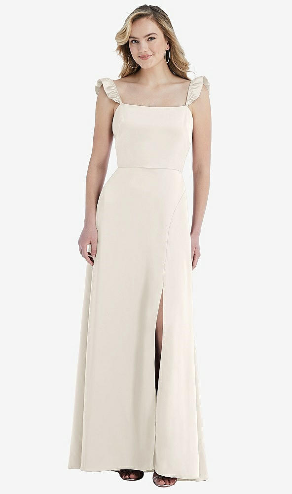Front View - Ivory Ruffled Sleeve Tie-Back Maxi Dress