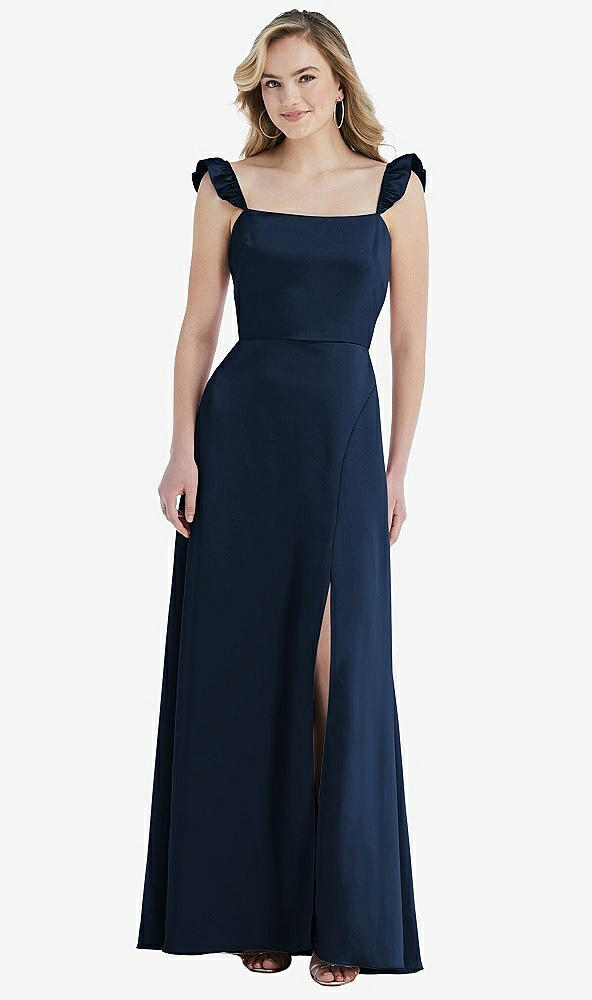 Front View - Midnight Navy Ruffled Sleeve Tie-Back Maxi Dress