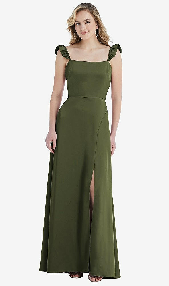 Front View - Olive Green Ruffled Sleeve Tie-Back Maxi Dress