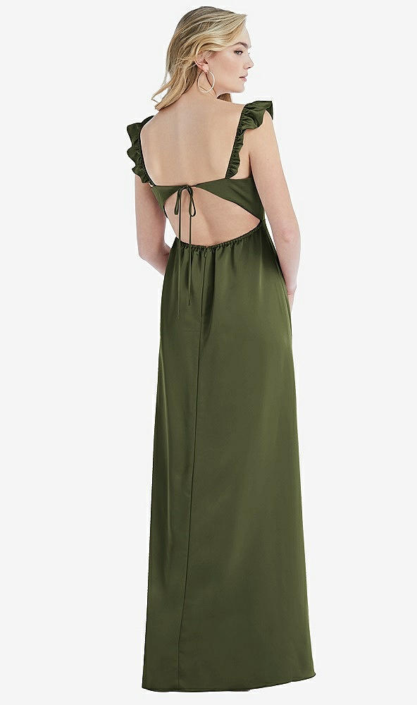 Back View - Olive Green Ruffled Sleeve Tie-Back Maxi Dress