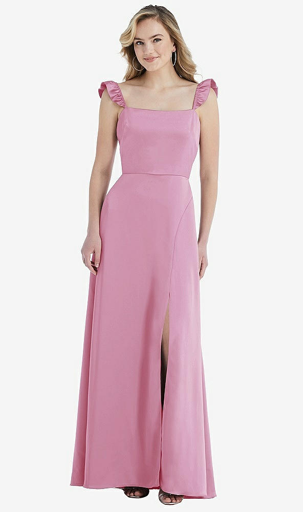 Front View - Powder Pink Ruffled Sleeve Tie-Back Maxi Dress