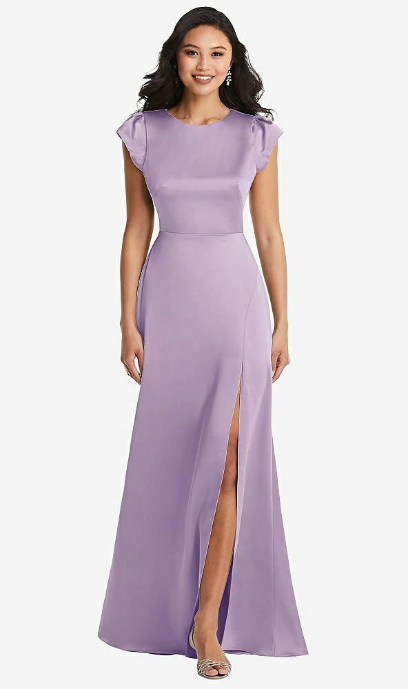 Front View - Pale Purple Shirred Cap Sleeve Maxi Dress with Keyhole Cutout Back