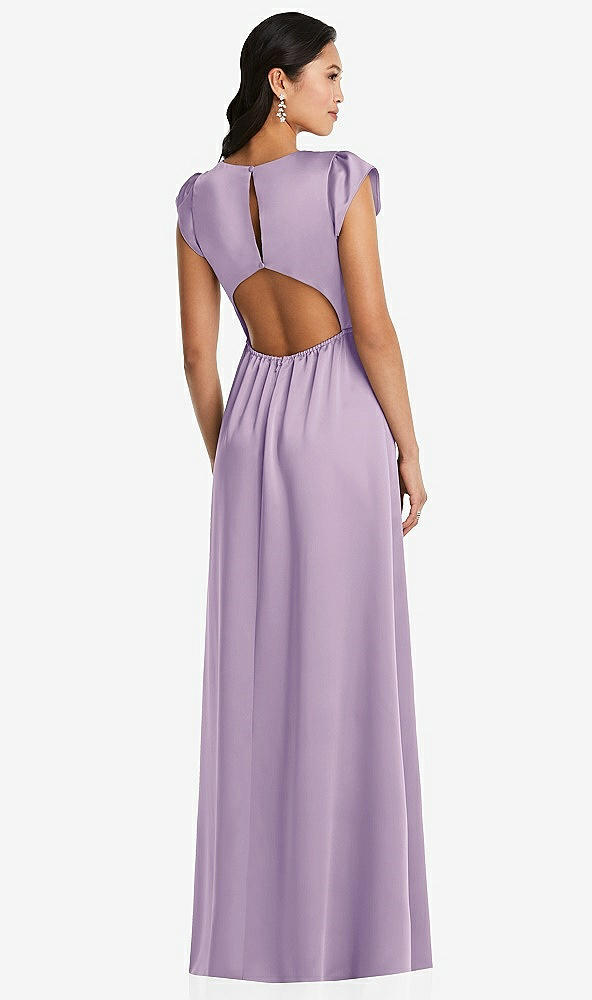 Back View - Pale Purple Shirred Cap Sleeve Maxi Dress with Keyhole Cutout Back