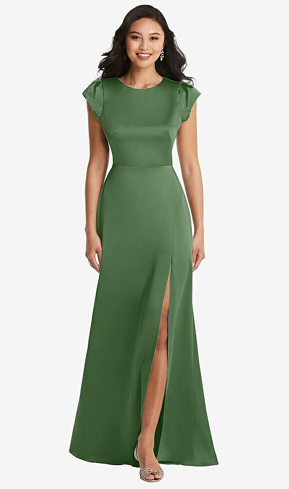 Front View - Vineyard Green Shirred Cap Sleeve Maxi Dress with Keyhole Cutout Back