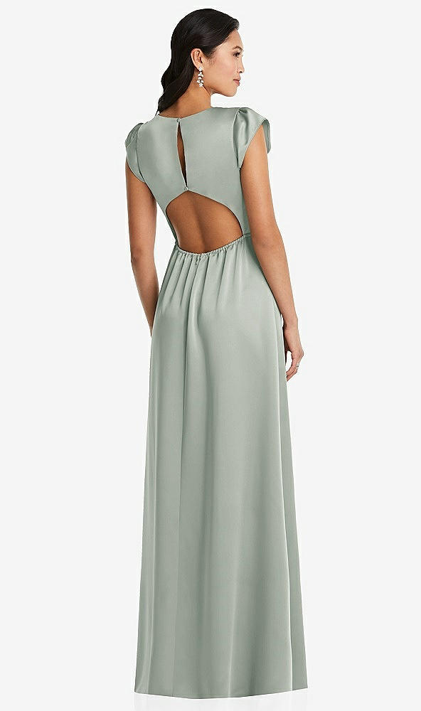 Back View - Willow Green Shirred Cap Sleeve Maxi Dress with Keyhole Cutout Back