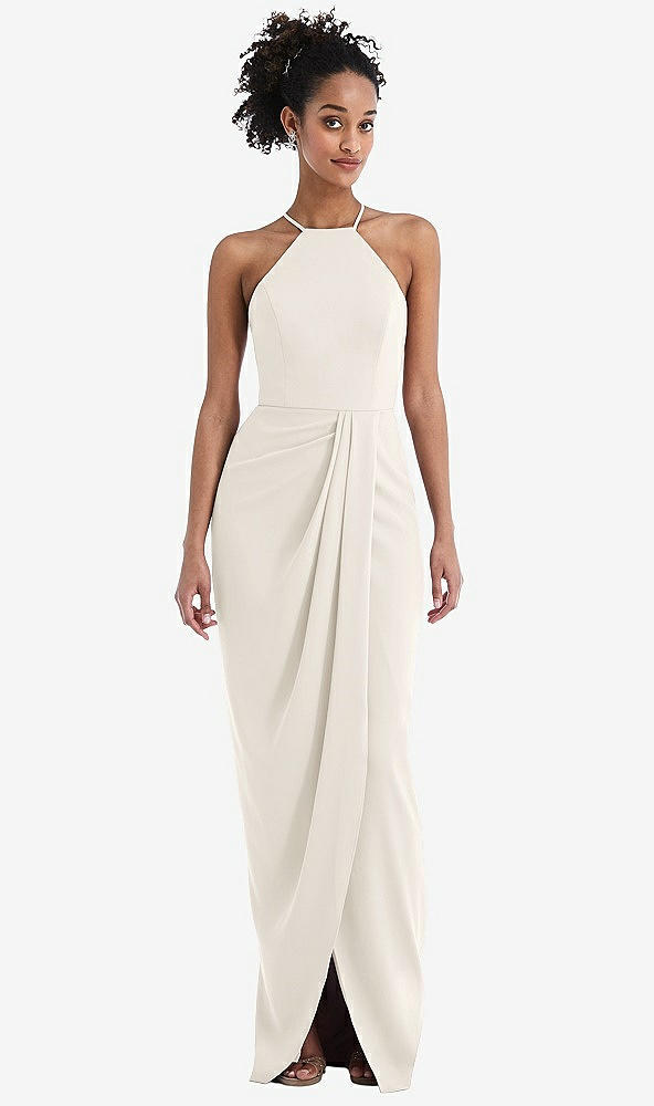 Front View - Ivory Halter Draped Tulip Skirt Maxi Dress