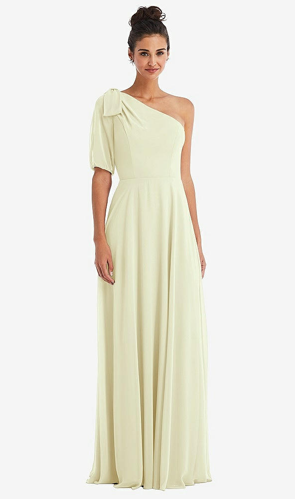 Front View - Butter Yellow Bow One-Shoulder Flounce Sleeve Maxi Dress