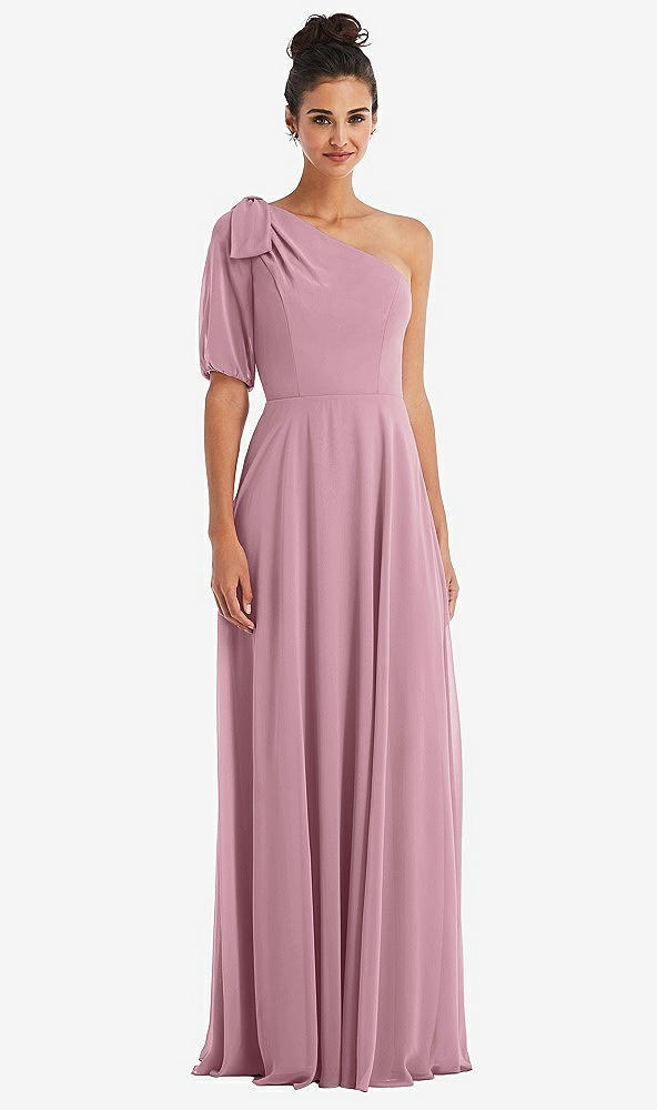 Front View - Dusty Pink Bow One-Shoulder Flounce Sleeve Maxi Dress