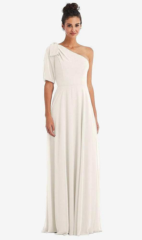 Front View - Ivory Bow One-Shoulder Flounce Sleeve Maxi Dress