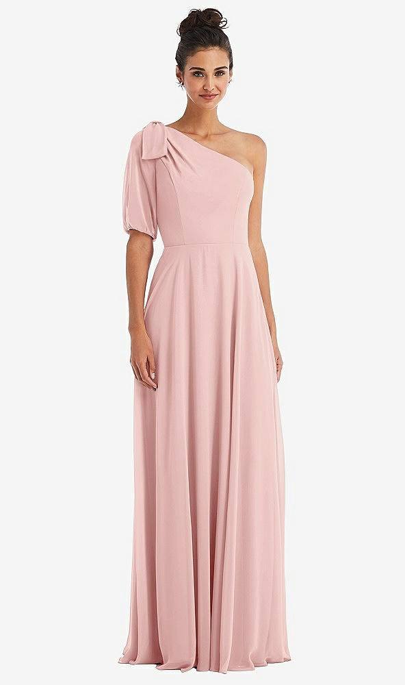 Front View - Rose Bow One-Shoulder Flounce Sleeve Maxi Dress