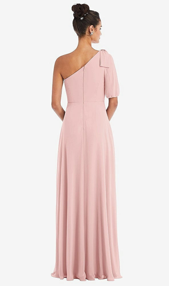 Back View - Rose Bow One-Shoulder Flounce Sleeve Maxi Dress