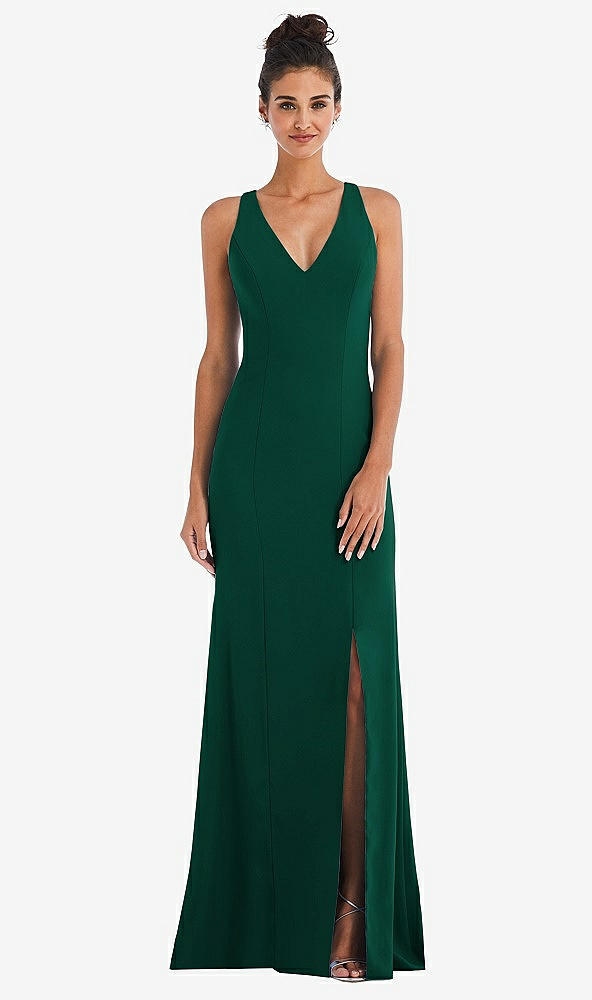 Front View - Hunter Green Criss-Cross Cutout Back Maxi Dress with Front Slit