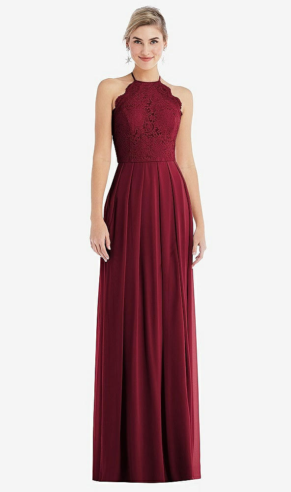 Front View - Burgundy Tie-Neck Lace Halter Pleated Skirt Maxi Dress