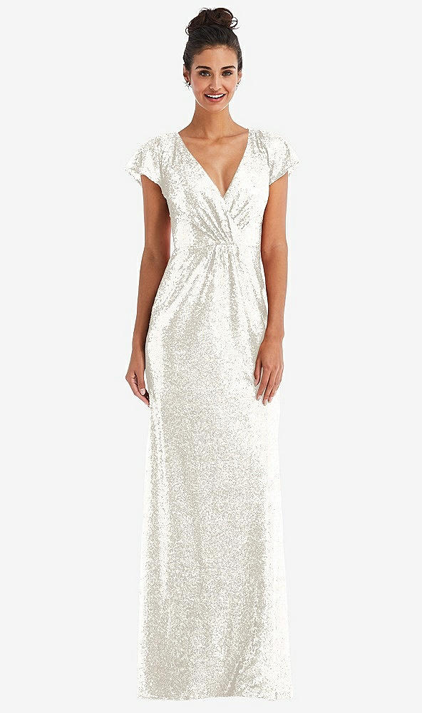 Front View - Ivory Cap Sleeve Wrap Bodice Sequin Maxi Dress