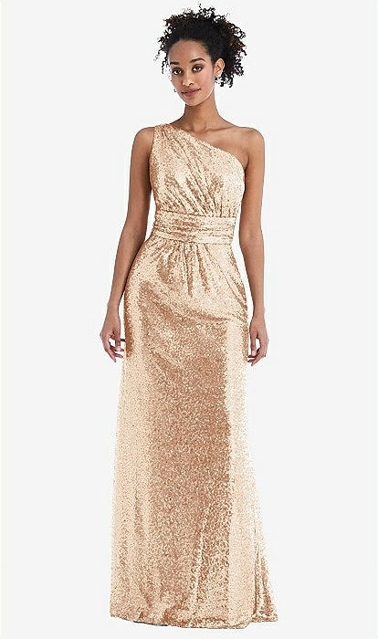 One-shoulder Draped Sequin Maxi Bridesmaid Dress In Rose Gold
