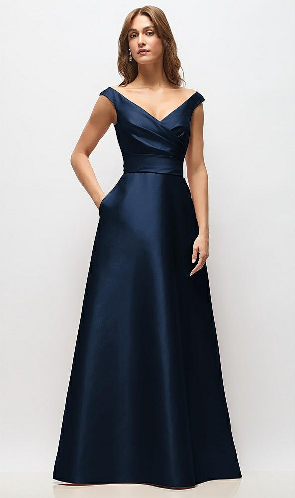 Front View - Midnight Navy Off-the-Shoulder Draped Wrap Satin Maxi Dress