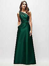 Front View Thumbnail - Hunter Green Draped One-Shoulder Satin Maxi Dress with Pockets