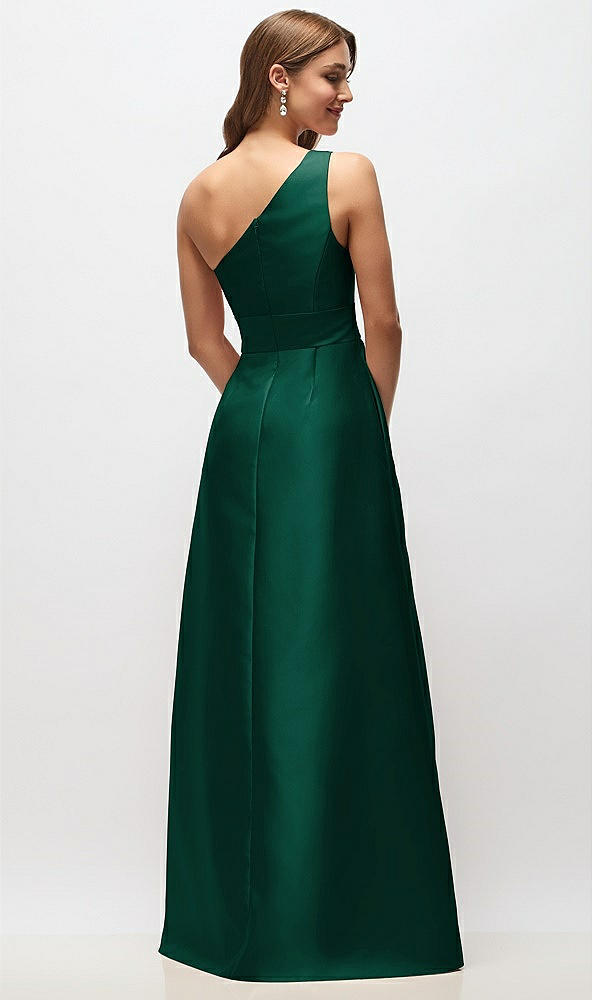 Back View - Hunter Green Draped One-Shoulder Satin Maxi Dress with Pockets