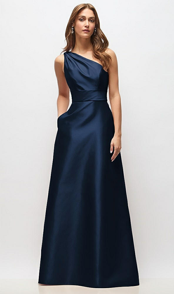 Front View - Midnight Navy Draped One-Shoulder Satin Maxi Dress with Pockets
