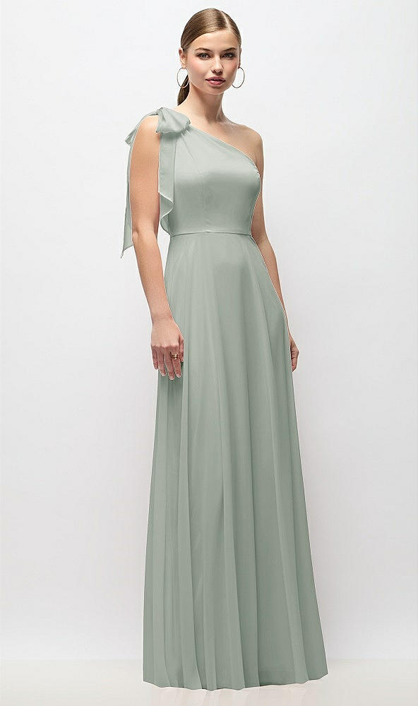 Front View - Willow Green Draped One-Shoulder Maxi Dress with Scarf Bow