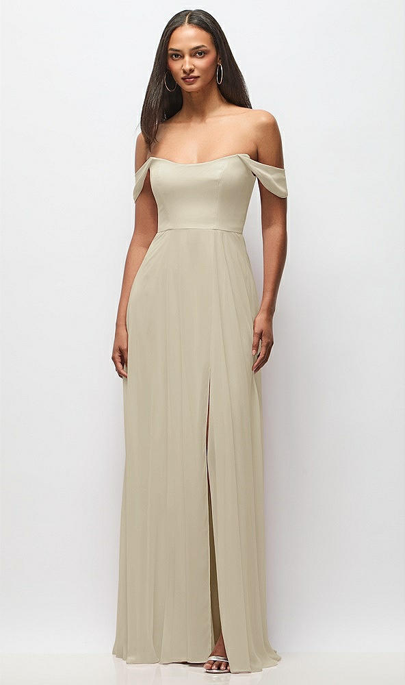 Front View - Champagne Off-the-Shoulder Basque Neck Maxi Dress with Flounce Sleeves