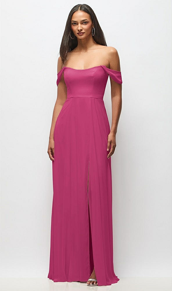 Front View - Tea Rose Off-the-Shoulder Basque Neck Maxi Dress with Flounce Sleeves
