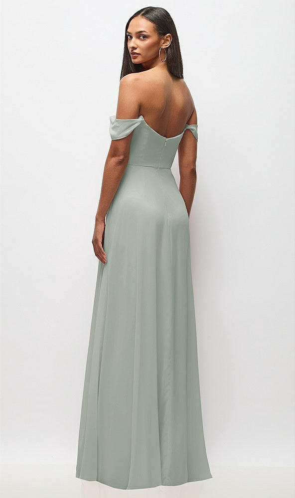 Back View - Willow Green Off-the-Shoulder Basque Neck Maxi Dress with Flounce Sleeves