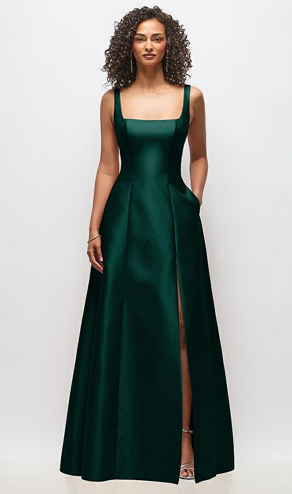 Front View - Evergreen Sleeveless Square-Neck Princess Line Gown with Pockets