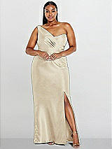 Alt View 1 Thumbnail - Champagne Draped One-Shoulder Satin Trumpet Gown with Front Slit